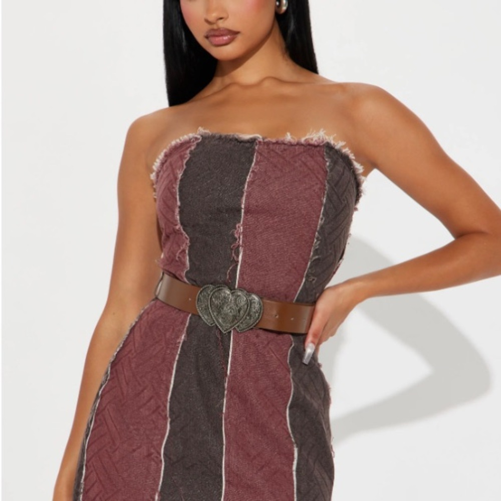 Frayed Strapless Dress - Brown